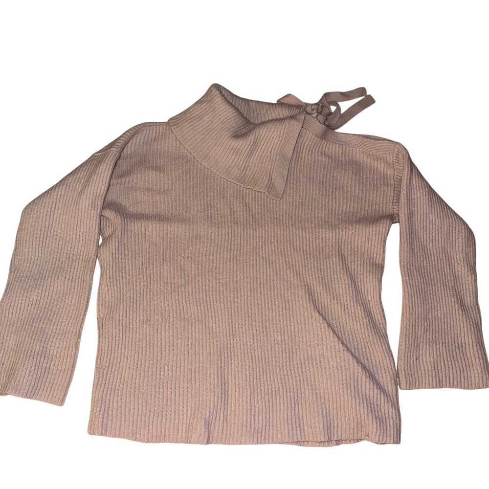 All Saints Light Pink Tan Ribbed Knit Sweater Tie Neck Long Sleeve Women's Small
